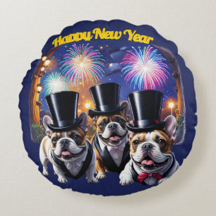 Französische Bulldogge Neujahr Feier Round Cushion