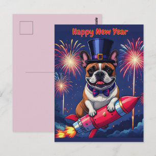 Französische Bulldogge Neujahr lustig  Rakete Postcard