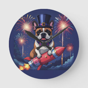 Französische Bulldogge Neujahr lustig Rakete Round Clock