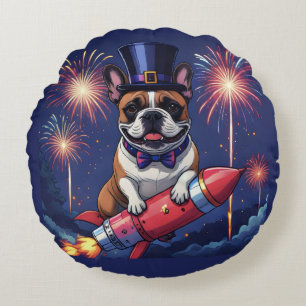Französische Bulldogge Neujahr lustig Rakete Round Cushion
