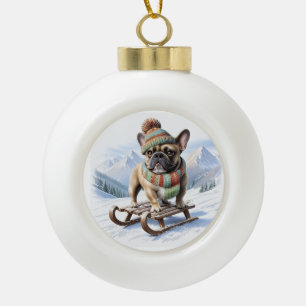Französische Bulldogge Schlittenfahrt Ceramic Ball Christmas Ornament