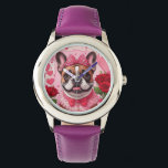 Französische Bulldogge Verliebt French Bulldog Watch<br><div class="desc">Niedliche Französische Bulldogge mit vielen roten Rosen und Geschenken passend zum Geburtstag oder Valentinstag. Der kleine Frenchie trägt ein hübsches Kleid und tollen Haarschmuck. Viele Herzen umgeben den lustigen Bully. Ein French Bulldog in einer romantischen Umgebung. Ein tolles Motiv und ideal für jeden Tierliebhaber.</div>