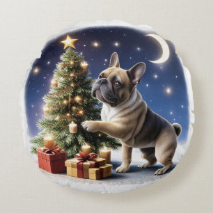 Französische Bulldogge Weihnachtsbaum Round Cushion