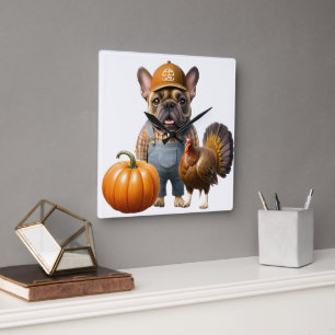  französische Bulldoggen Happy Thanksgiving Square Wall Clock