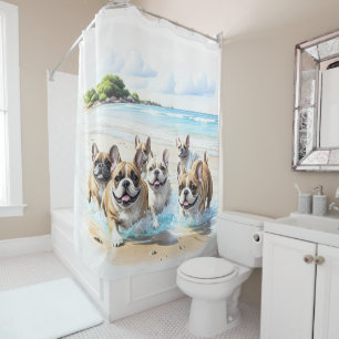 Französische Bulldoggen Hunderudel am Meer Shower Curtain
