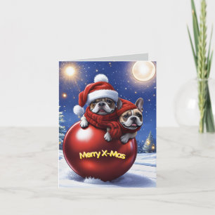 Französische Bulldoggen in roter Weihnachtskugel Holiday Card
