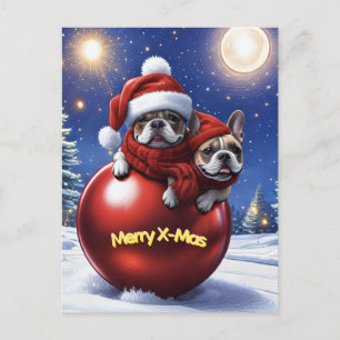 Französische Bulldoggen in roter Weihnachtskugel Postcard