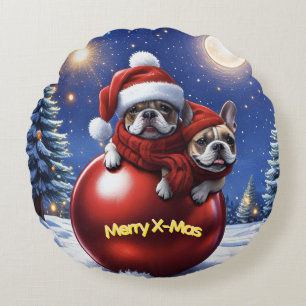 Französische Bulldoggen in roter Weihnachtskugel Round Cushion
