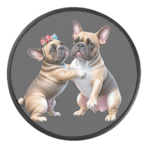 Französische Bulldoggen sehr verliebt Hockey Puck
