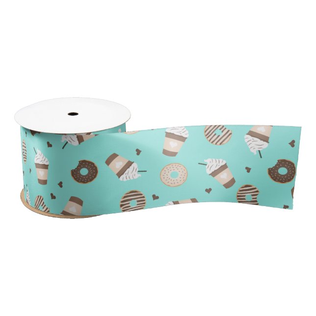 Frappuccino Coffee Sprinkled Doughnut Pattern Satin Ribbon (Spool)