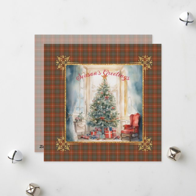 Fraser Red Weathered Scottish Tartan Christmas Holiday Card (Front/Back In Situ)