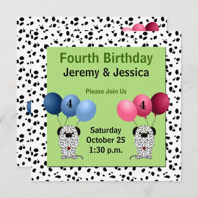 Fratern Twins 4th Birthday Party with Green Invitation (Front/Back)