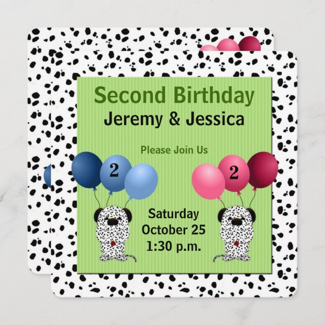 Fraternal Twins 2nd Birthday Party Green Invitation (Front/Back)