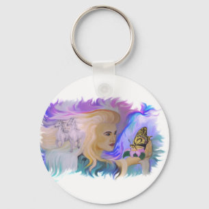 Frau mit Pferd und Schmetterling in Hand Key Ring