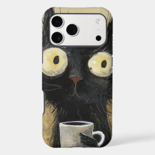 Frazzled Black Cat with Coffee on Grunge Brown