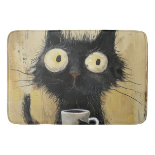 Frazzled Black Cat with Coffee on Grunge Brown Bath Mat