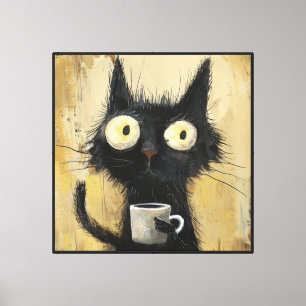Frazzled Black Cat with Coffee on Grunge Brown Canvas Print