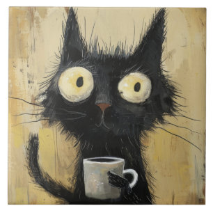 Frazzled Black Cat with Coffee on Grunge Brown Ceramic Tile