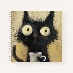 Frazzled Black Cat with Coffee on Grunge Brown Notebook