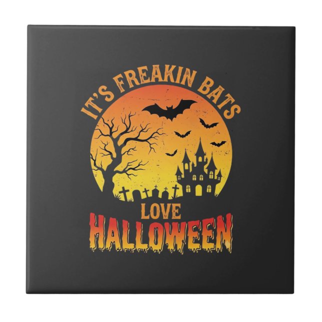 Freakin Bats Love Halloween Haunted Castle Design_ Ceramic Tile (Front)