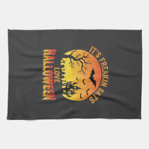 Freakin Bats Love Halloween Haunted Castle Design_ Tea Towel