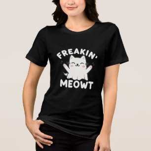 Freakin’ Meowt Funny Ghost Cat Halloween Pun Tri-Blend Shirt