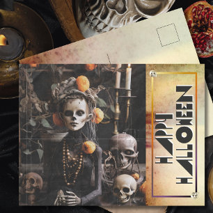 Freaky Vintage Halloween Skeleton's Midnight Vigil Holiday Postcard