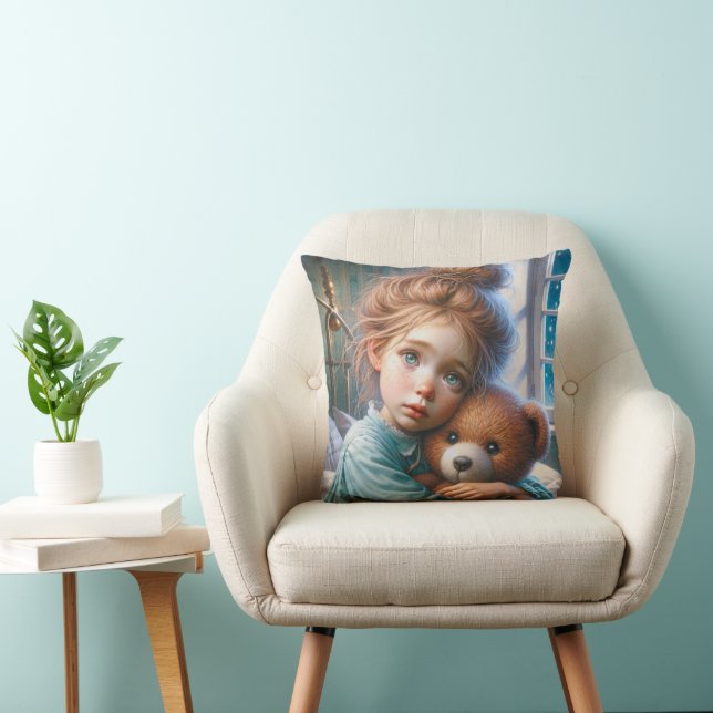Freckled Girl Hugging a Teddy Bear Cushion (Chair)
