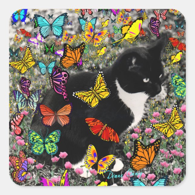 Freckles in Butterflies - Black & White Tux Cat Square Sticker (Front)
