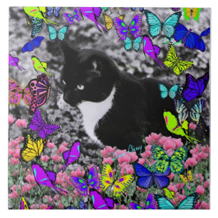 Freckles in Butterflies II - Tuxedo Cat Ceramic Tile