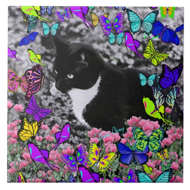 Freckles in Butterflies II - Tuxedo Cat Ceramic Tile (Front)