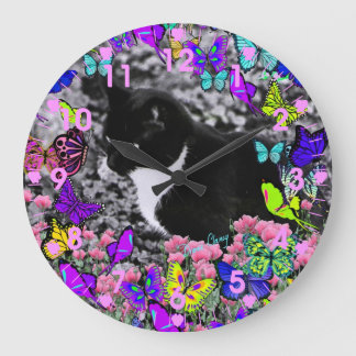 Freckles in Butterflies II - Tuxedo Cat Clock