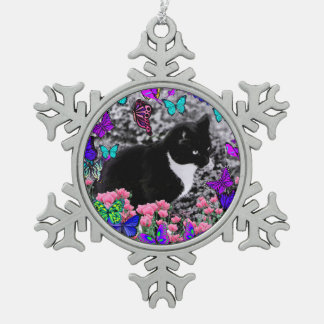 Freckles in Butterflies III, Tux Kitty Cat Snowflake Pewter Christmas Ornament