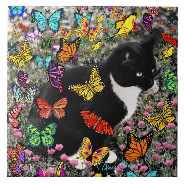 Freckles in Butterflies - Tuxedo Kitty Tile (Front)