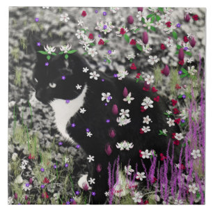Freckles in Flowers I - Black White Tuxedo Kitty Ceramic Tile