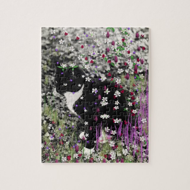 Freckles in Flowers I - Black White Tuxedo Kitty Jigsaw Puzzle (Vertical)