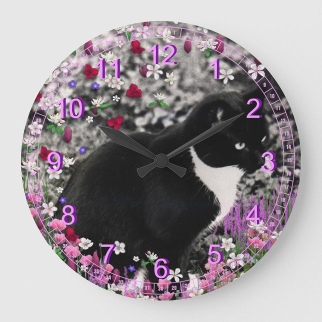 Freckles in Flowers II - Black and White Cat Large Clock (Front)