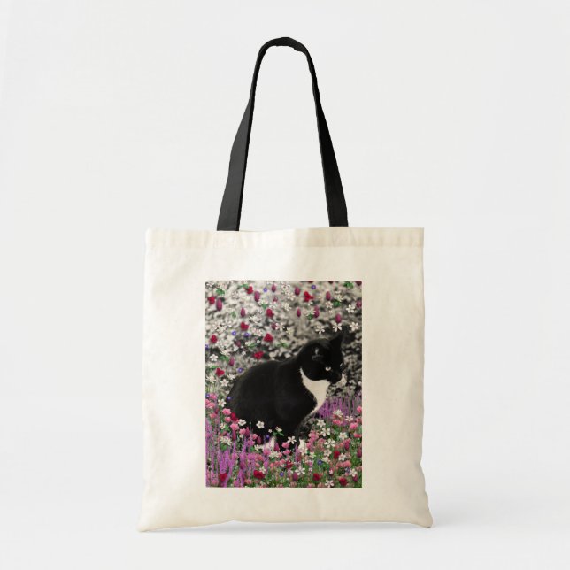 Freckles in Flowers II - Black and White Kitty Cat Tote Bag (Front)
