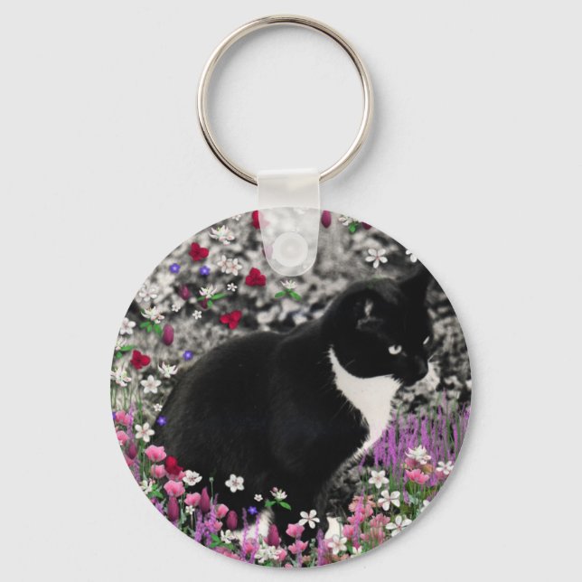 Freckles in Flowers II - Tuxedo Cat Key Ring (Front)