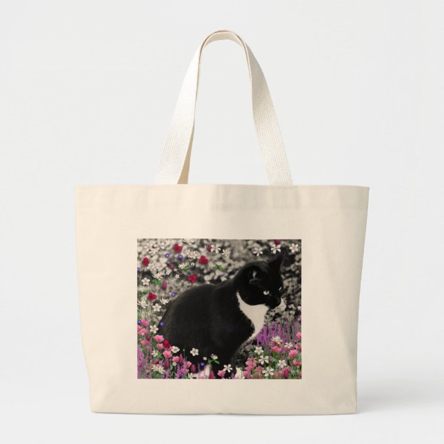 Freckles in Flowers II - Tuxedo Cat Large Tote Bag (Front)