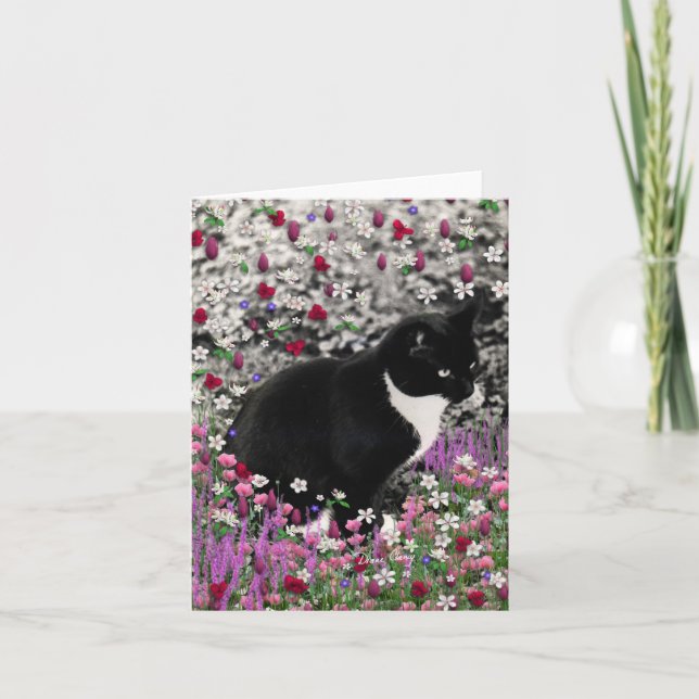 Freckles in Flowers II - Tuxedo Kitty Cat Card (Front)