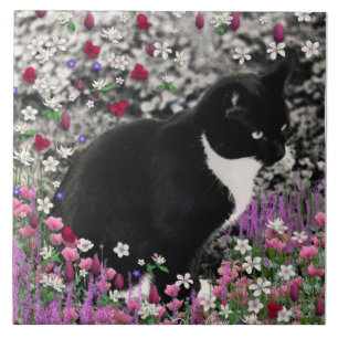Freckles in Flowers II - Tuxedo Kitty Cat Ceramic Tile