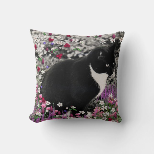 Freckles in Flowers II - Tuxedo Kitty Cat Cushion (Front)