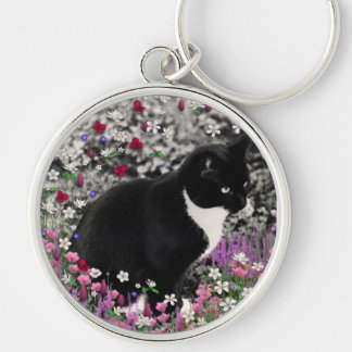 Freckles in Flowers II - Tuxedo Kitty Cat Key Ring