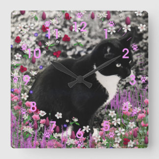 Freckles in Flowers II - Tuxedo Kitty Cat Square Wall Clock