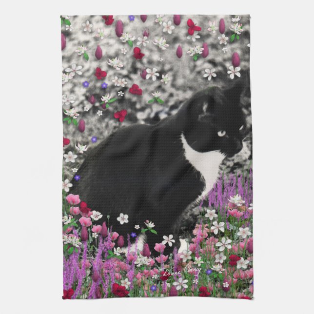 Freckles in Flowers II - Tuxedo Kitty Cat Tea Towel (Vertical)