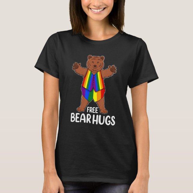 Free Bear Hugs Grizzly Gay Pride Parade LGBTQ Rain T-Shirt (Front)