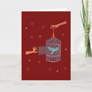 Free Bird Birdcage Folk Art Hands and Blue Bird Card