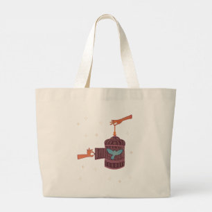 Free Bird Birdcage Folk Art Hands and Blue Bird Large Tote Bag