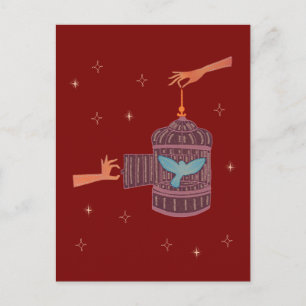 Free Bird Birdcage Folk Art Hands and Blue Bird Postcard